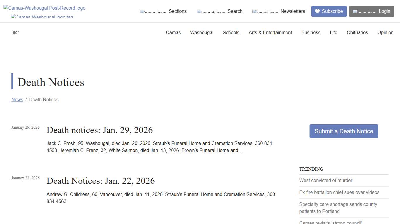 Death Notices - Camas-Washougal Post-Record