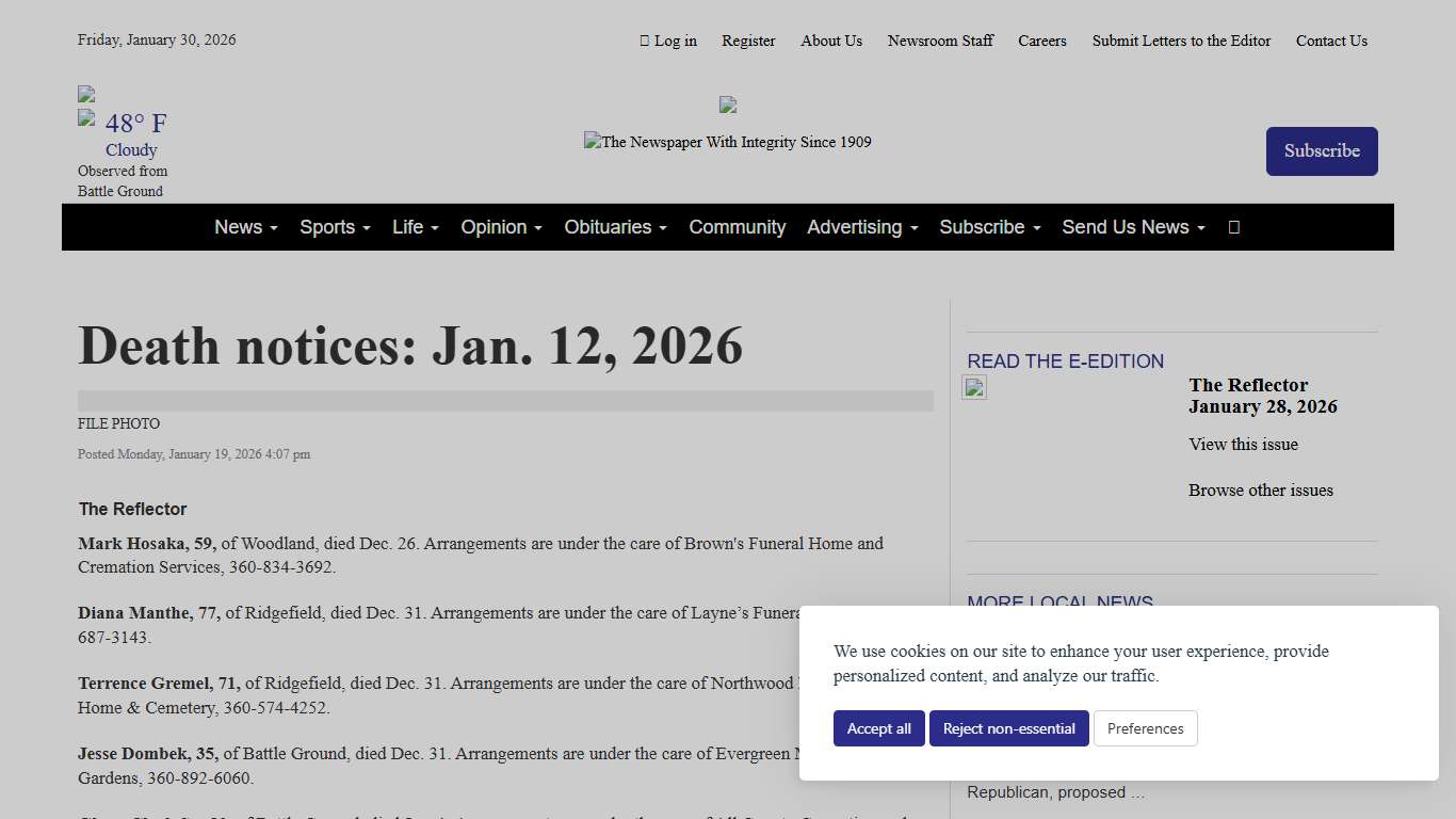 Death notices: Jan. 12, 2026 The Reflector