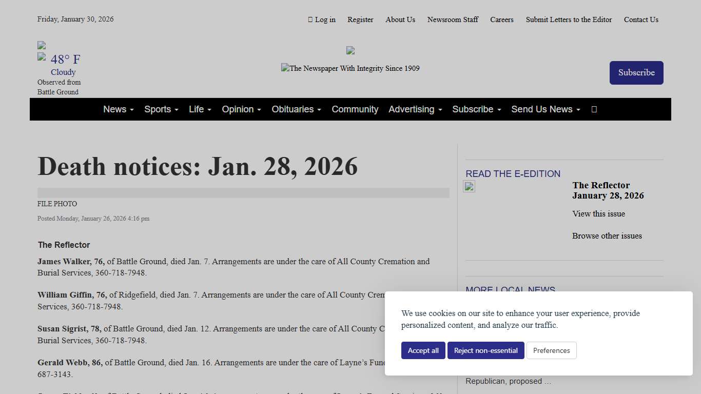 Death notices: Jan. 28, 2026 The Reflector